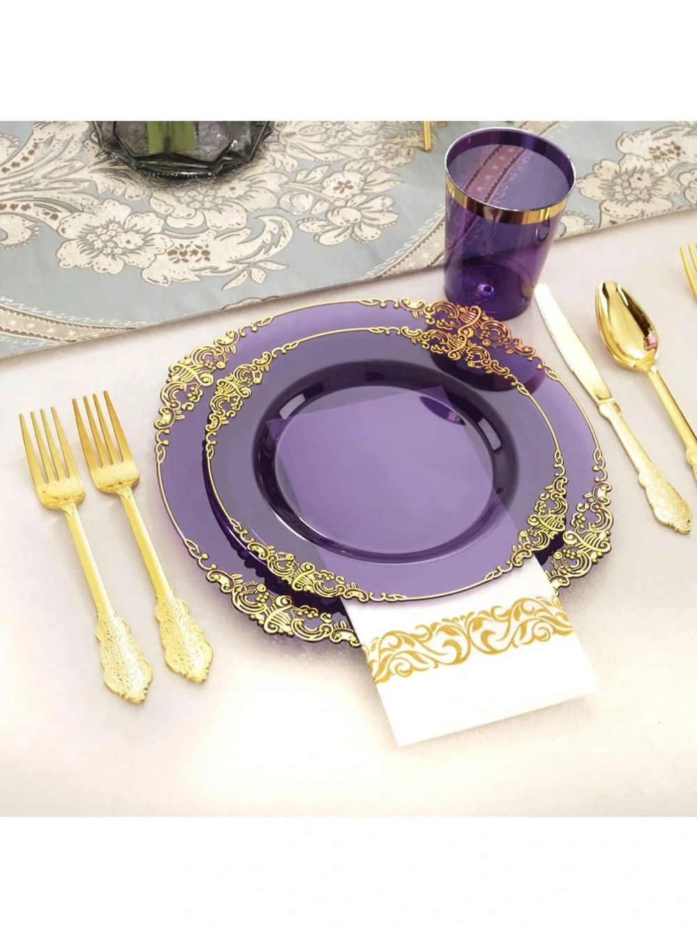 Elegant Purple and Gold Disposable Party Dinnerware Set 175PCS